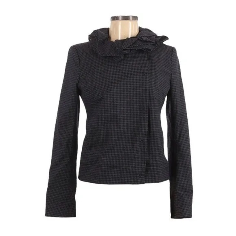 LaVia 18 Gray Grid Print Feminine Ruffle Collar Fitted Jacket - Size IT 46/US 10